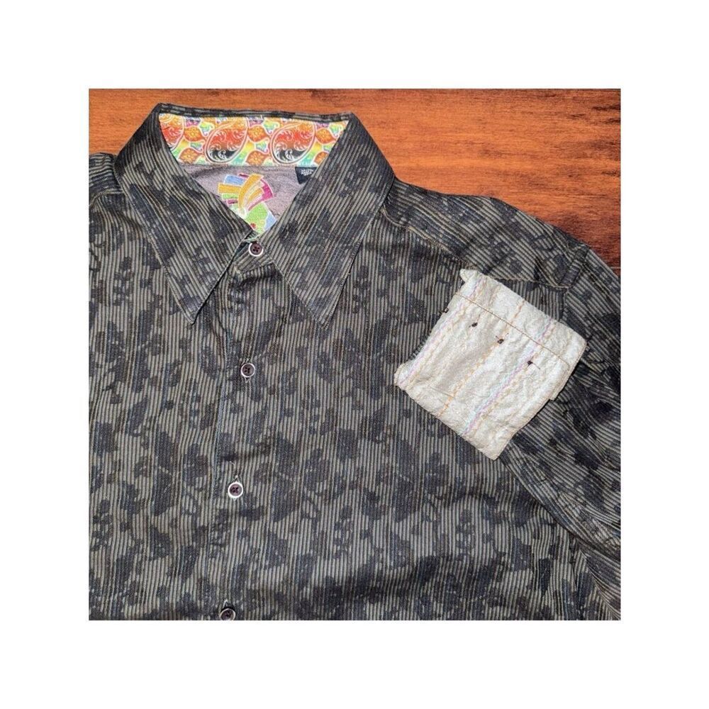 Robert Graham Floral Paisley Leaf Gray Colorful Striped Flip Cuff Shirt Men’s M